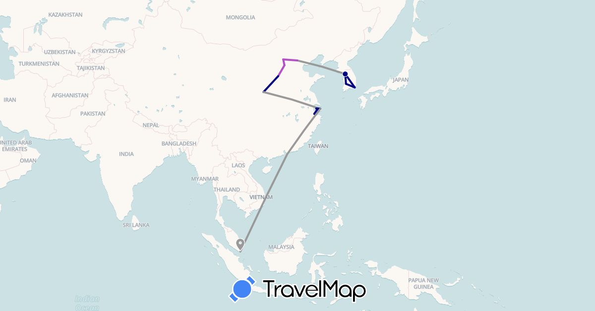 TravelMap itinerary: driving, plane, train in China, Hong Kong, South Korea, Singapore (Asia)